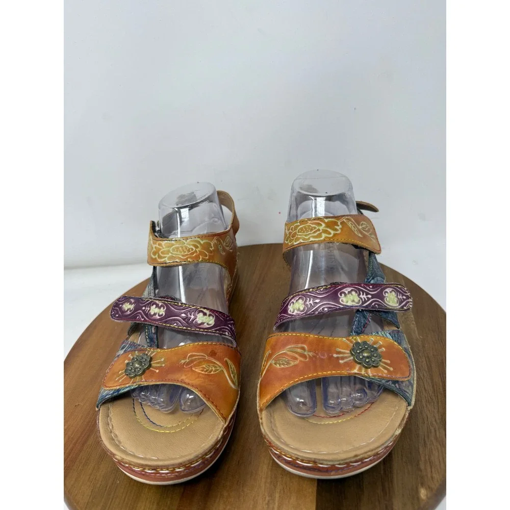 L'Artiste Spring Step Sumacah Multi Color Leather Floral Wedge Sandals Womens 42